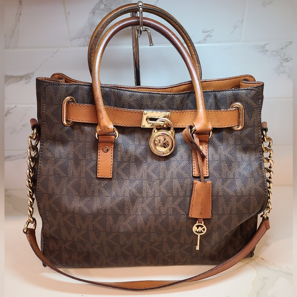 Michael Kors Hamilton Signature Monogram Jet Set Chain Shoulder Bag Brown GUC